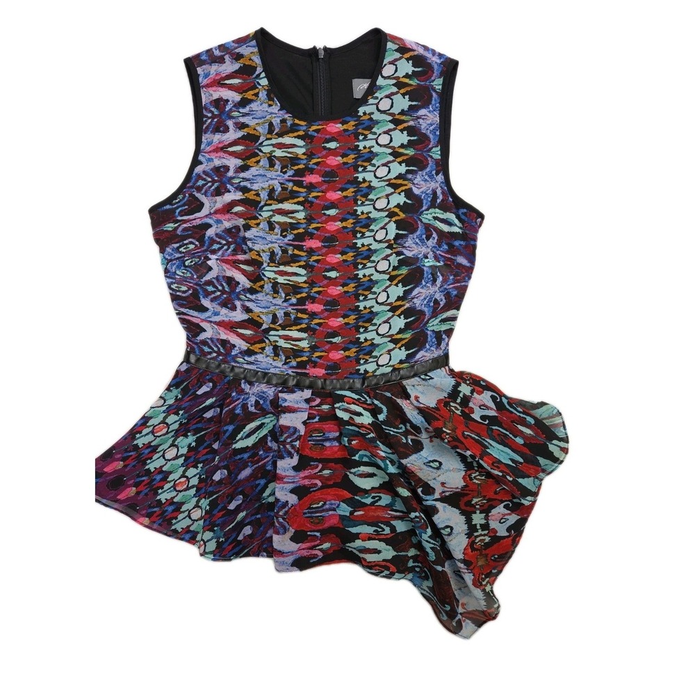 Hunter Dixon for Hunter Bell Peplum Sleeveless Top Chiffon Leather Detail Size 4